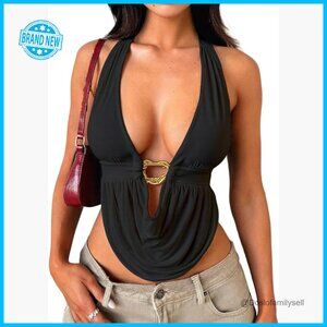 Y2K Halter Top V Neck Tie Back Sleeveless Crop Top Club Party Wear